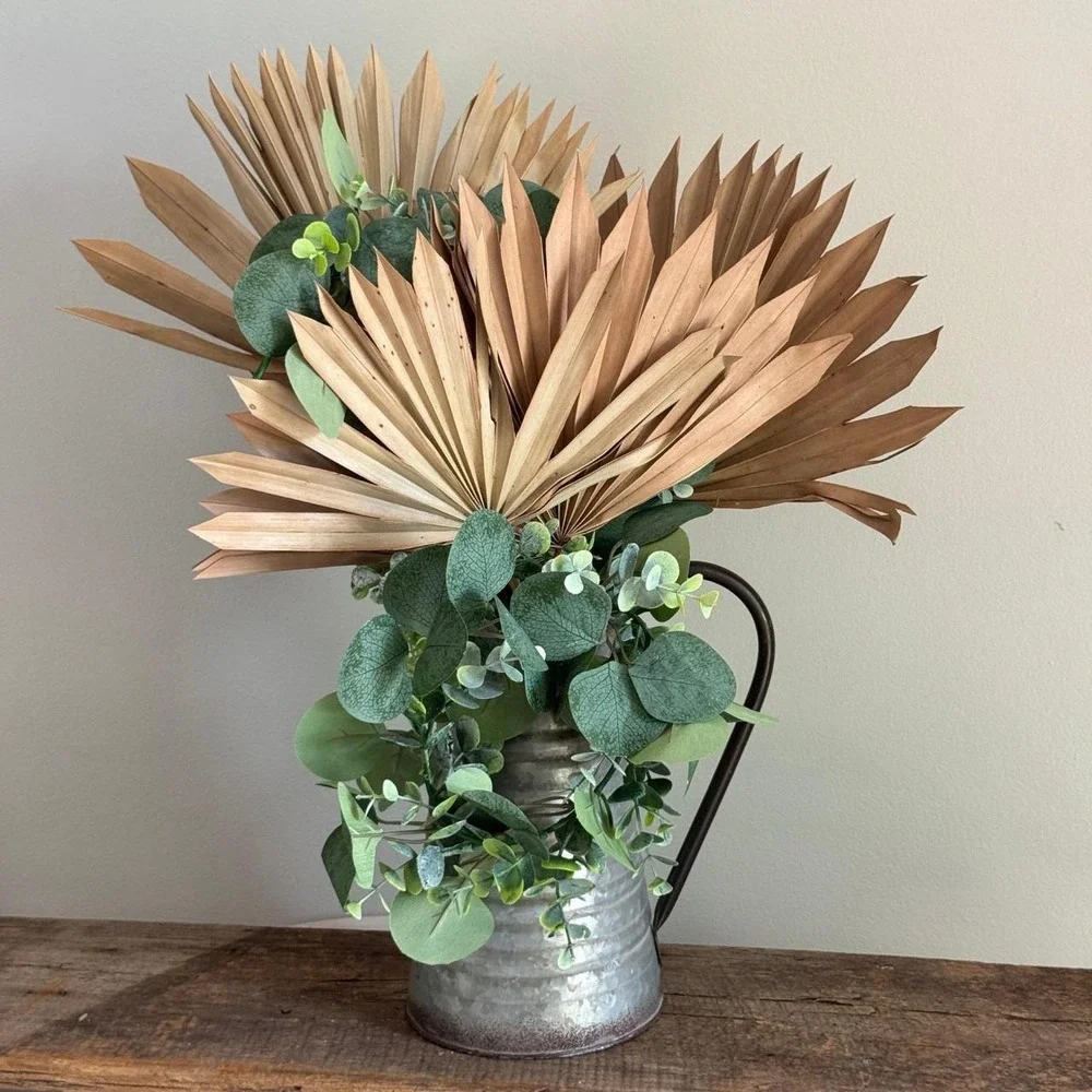 Rustic Galvanized Metal Pitcher with Faux Eucalyptus and Dried Palm Leaves Decor